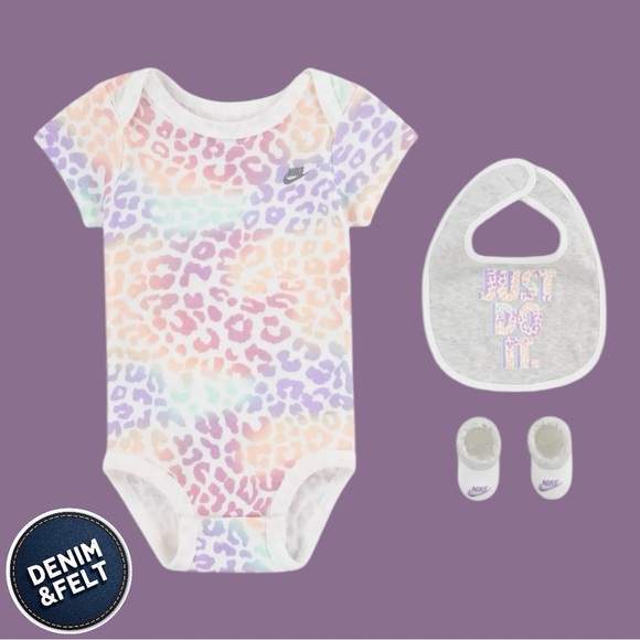 Nike Baby Girl Colorful Spot On Cheetah Bodysuit, Bib & Bootie 3 Piece Set | NEW - Picture 1 of 13